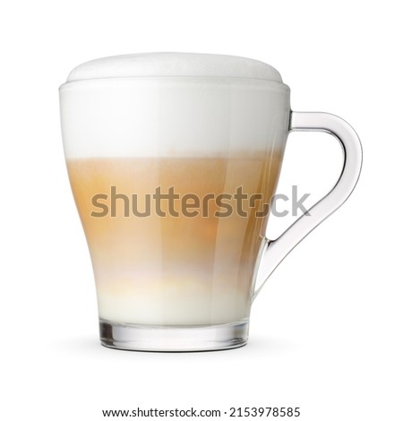 Transparent cup with cappuccino coffee and milk foam isolated on white background. Royalty-Free Stock Photo #2153978585