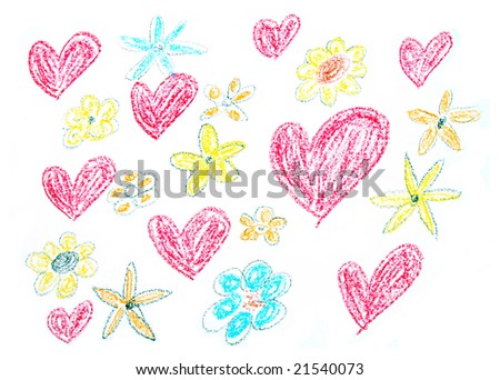Child drawing of Valentine's Day background made with wax crayons
