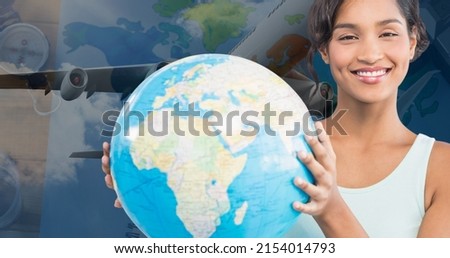 Multiple images of asian young woman with globe and airplane and map, navigational compass on table. portrait, digital composite, guidance, aviation, patriotism, celebration and awareness concept.