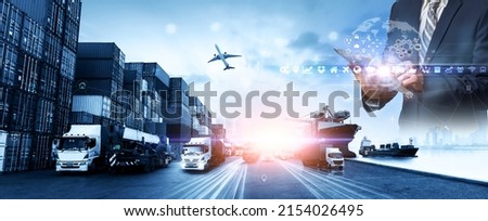 Business logistics network concept with Global business of Container Cargo freight train, Air cargo trucking, Rail transportation and maritime shipping, Online goods orders worldwide Royalty-Free Stock Photo #2154026495