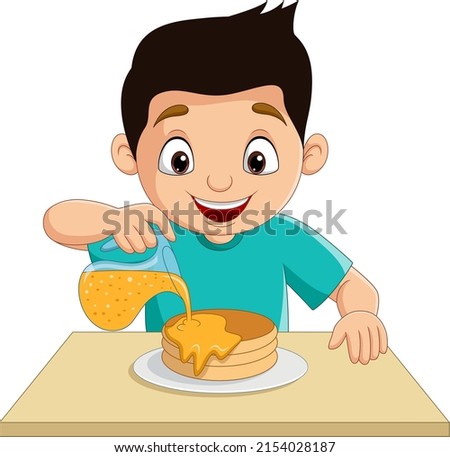 Cartoon little boy flowing maple syrup on pancakes