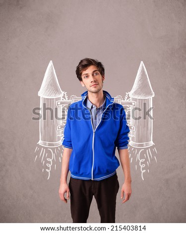 Cute young man with jet pack rocket drawing illustration