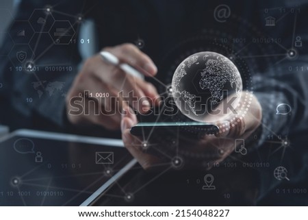 Global internet network connection technology, IoT, Internet of Things concept. Business man using mobile phone with global network and technology icons on virtual screen, remotely work