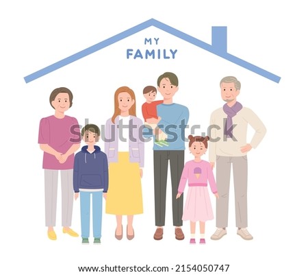 Happy big family. Three generations stand together. flat design style vector illustration.