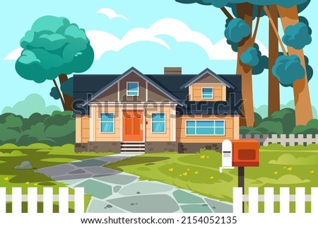 Suburban cottage. Cartoon country house exterior, neighborhood home with yard and lawn, countryside building. Vector home front side illustration. Real estate or private house with fence