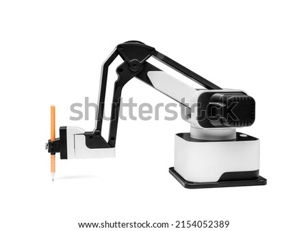 Futuristic robotic arm with pen on white background Royalty-Free Stock Photo #2154052389