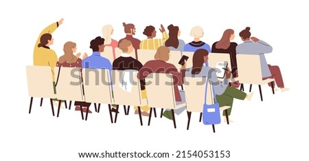 Audience, people backs at public event, seminar. Men and women group sitting on chairs at conference, lecture, training. Backside of auditorium. Flat vector illustration isolated on white background Royalty-Free Stock Photo #2154053153