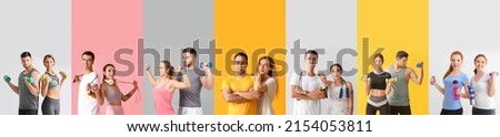 Collage with many sporty people on colorful background Royalty-Free Stock Photo #2154053811