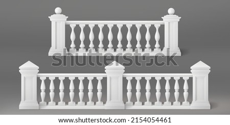 White stone or marble balustrades with pillars, columns, balusters and handrails. Vector realistic set of 3d fence in classic greek or roman style for balcony, terrace, stairs Royalty-Free Stock Photo #2154054461
