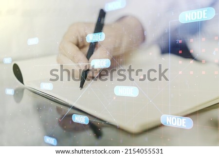 Multi exposure of abstract creative coding sketch and man hand writing in notebook on background, artificial intelligence and neural networks concept