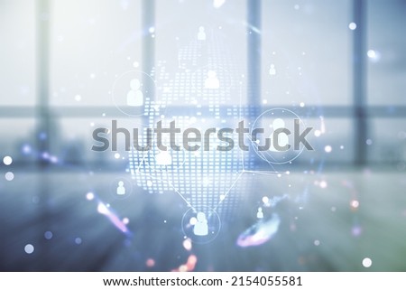 Virtual social network hologram and world map on empty corporate office background. Multiexposure