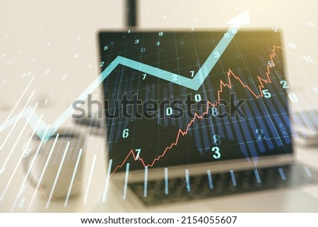 Multi exposure of abstract financial graph with upward arrow on modern computer background, financial and trading concept