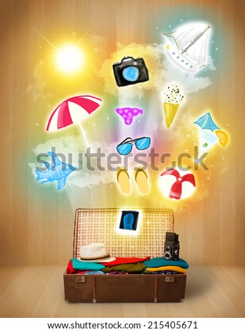 Tourist bag with colorful summer icons and symbols on grungy background