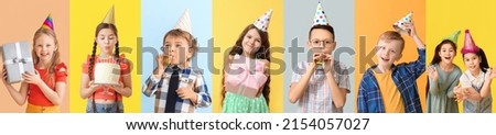 Many children in party hats on colorful background