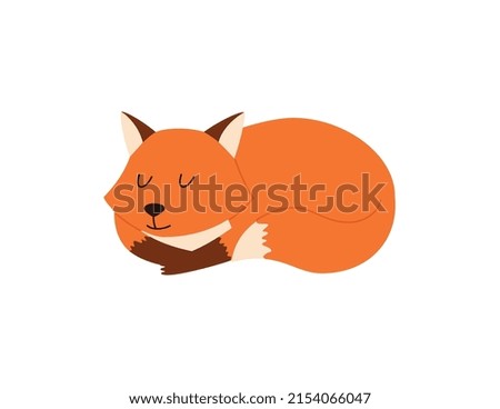 Red fox character on a white background, vector flat illustration. The fox is sleeping, lying down.