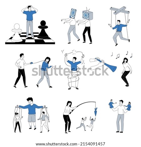 Psychological manipulation influence recolor flat set of isolated conceptual compositions with human characters performing mental violence vector illustration
