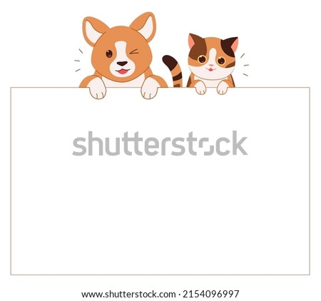 Cute dog and cat are holding white blank paper for text. Pet notice banner concept vector illustration.