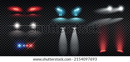 Realistic set of colorful car headlights tail and siren lights isolated on transparent background vector illustration