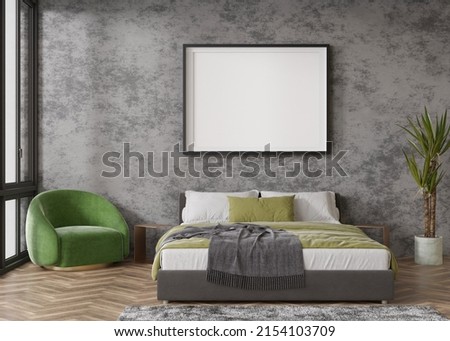 Empty horizontal picture frame on concrete wall in modern bedroom. Mock up interior in contemporary style. Free, copy space for your picture, poster. Bed, plant, green armchair. 3D rendering