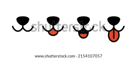 Dog face with tongue hanging out. Dog tongue, mouth and nose. Happy cat face with open mouth. Icons set. Vector illustration isolated on white background.