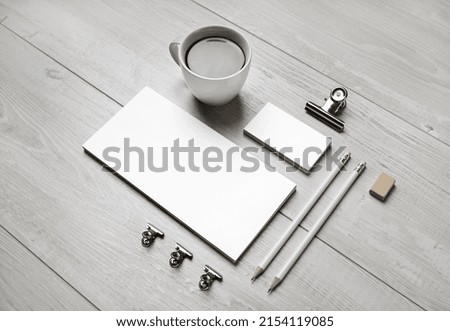 Blank stationery set on light wooden background. ID template. Mockup for branding identity for designers.