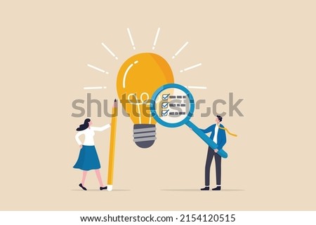 Business viability checking, feasibility study by market research to see possibility to success in real world, evaluate profitable of business idea, businessman with magnifier analyze lightbulb idea. Royalty-Free Stock Photo #2154120515