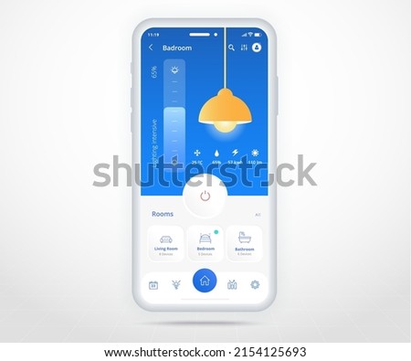 Smartphone smart home controlled app UX UI, IOT Internet of things technology, Digital future home automation tech, smart devices application phone, Wifi cctv lighting heating air, vector illustration