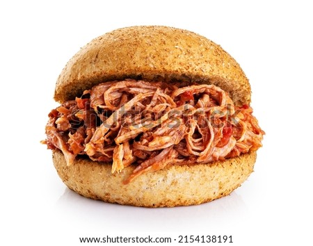 Pulled pork sandwich isolated on white background. With clipping path. Royalty-Free Stock Photo #2154138191