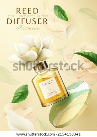 3d fragrance reed diffuser ad template. Glass bottle mockup flying in the mid air with jasmine flower drawings and colorful marble disk in the background. Royalty-Free Stock Photo #2154138341