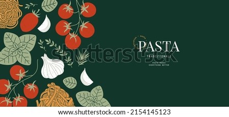 Pasta and tomatoes with garlic and basil. Textured illustration on a dark background. Italian food horizontal banner. Royalty-Free Stock Photo #2154145123