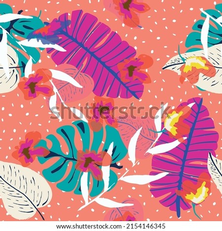 Blue Monstera Decoration Vector Seamless Pattern. Pink Tropic Leaves Background. Beautiful Plant Exotic Template. Colorful Jungle Palm Illustration.