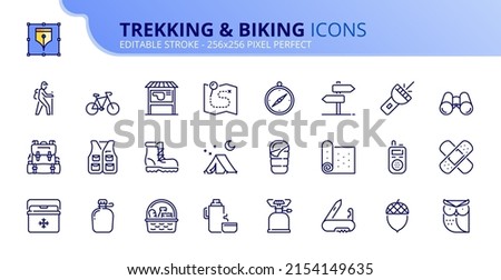 Line icons about trekking and biking. Contains such icons as camping, map, trail, picnic, bike, and mountain equipment. Editable stroke Vector 256x256 pixel perfect Royalty-Free Stock Photo #2154149635