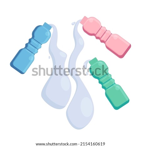 Pouring water bottles, colorful vessels for sports, fitness and yoga.