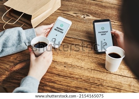 Money transfer. Online banking. People transferring money online using applications for send and receive money on smartphones. Friends making money transfers. Smartphone screen displaying payment app