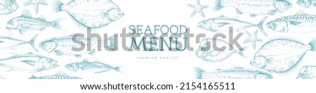 Seafood menu cover design with different kinds of fish. Vector illustration