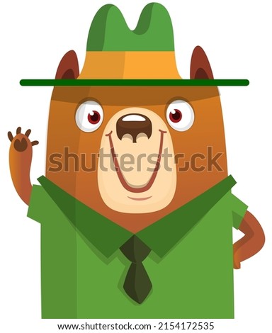 Cartoon funny bear scout ranger wearing green hat. Vector illustration