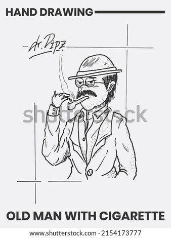 Hand drawn tattoo design of old man lighting a cigarette