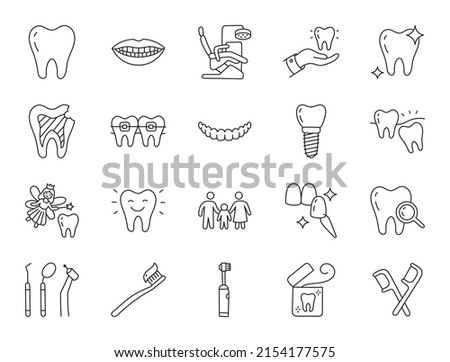 Dental clinic doodle illustration including icons - wisdom tooth, veneer, teeth whitening, braces, implant, electric toothbrush, caries, floss, mouth. Thin line art about stomatology. Editable Stroke. Royalty-Free Stock Photo #2154177575