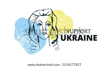Support Ukraine label. Blue yellow ukrainian flag background.