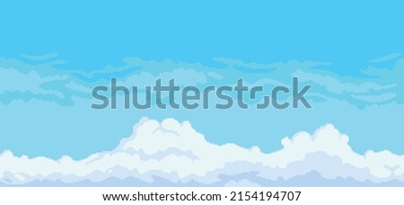 Pixel art sky background with clouds, cloudy blue sky vector for 8bit game on white background

