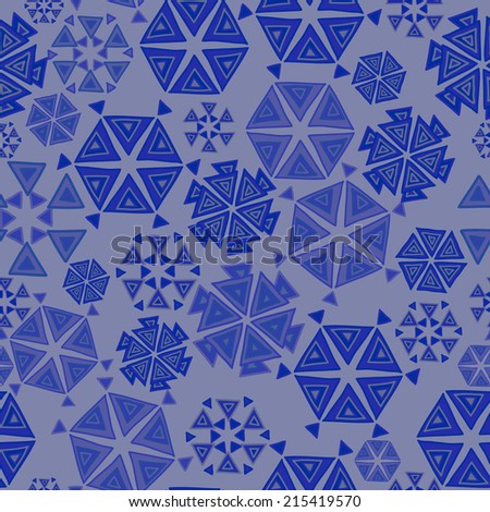 Seamless pattern with hand drawn snowflakes composed of triangles on grey  background. Clipping mask is used, vector illustration.