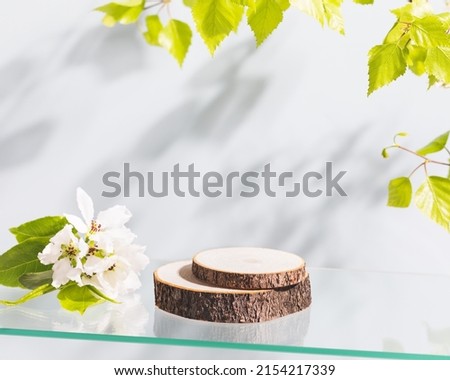 Wooden podium with apple branches blossom on a glass shelve on a blue background. Concept scene stage showcase for new product, promotion sale, banner, presentation, cosmetic. Soft focus style
