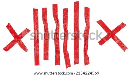 cool set of thin red paper stickers or strips with teared edges, crumpled paper stripees on white background.