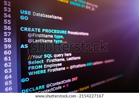 SQL (Structured Query Language) code on computer monitor. Example of SQL code to query data from a database. Royalty-Free Stock Photo #2154227167