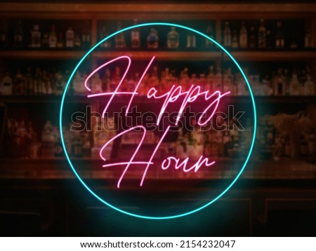 A neon happy Hour sign in front of a bar or pub. Slightly blurred bar or tavern background. Nightlife concept. Pink and teal colors.