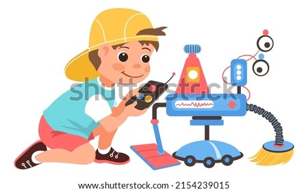 Children assemble robot. Boy controls automated cleaning machine. Interaction with artificial intelligence. Innovation bot. Machinery engineering. Vector kid plays with Royalty-Free Stock Photo #2154239015