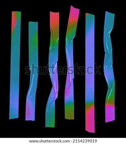 Crumpled pieces of neon cloth gaffer tape isolated on black background. Rainbow sticker set with teared edges.