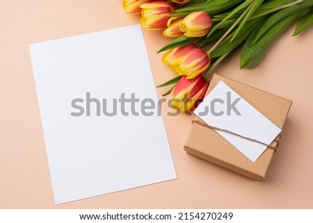 Greeting card or invitation concept. Thank you card template with bouquet of tulips