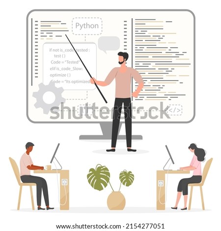 Vector illustration Programming languages learning. Software coding courses, website development class, script writing. IT programmers. Training Distance Online education. Studying remotely E-learning