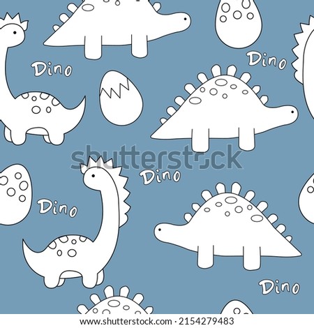 Vector hand drawn cute seamless pattern with dino and eggs. Cute dinosaurs and dino lettering. Children's wallpaper.